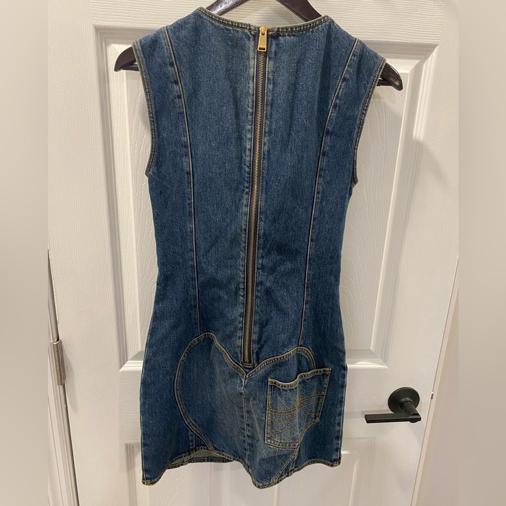 NWT AREA Dark Blue Denim Mini Dress with Gold Jewel Trim, US 6 - Picture 8 of 8